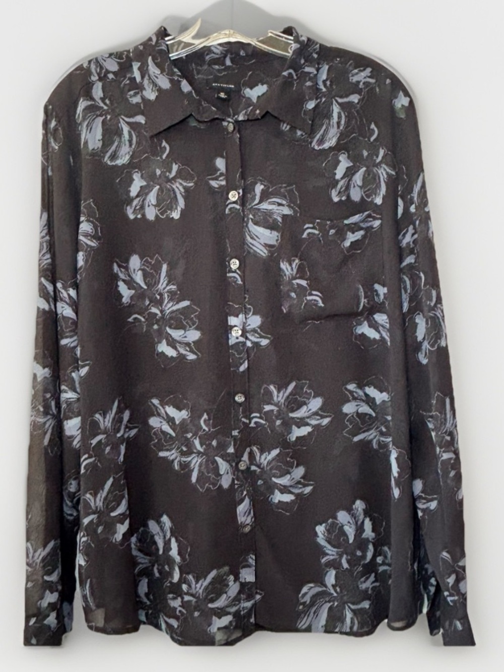Ann Taylor Black Sheer Blouse Size X-Large Dark Floral Button Up Career Office